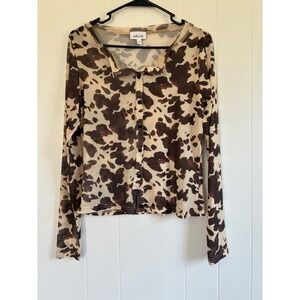 Willow + Root Brown Cow Print Mesh Button Down Cardigan Long Sleeve Top Large